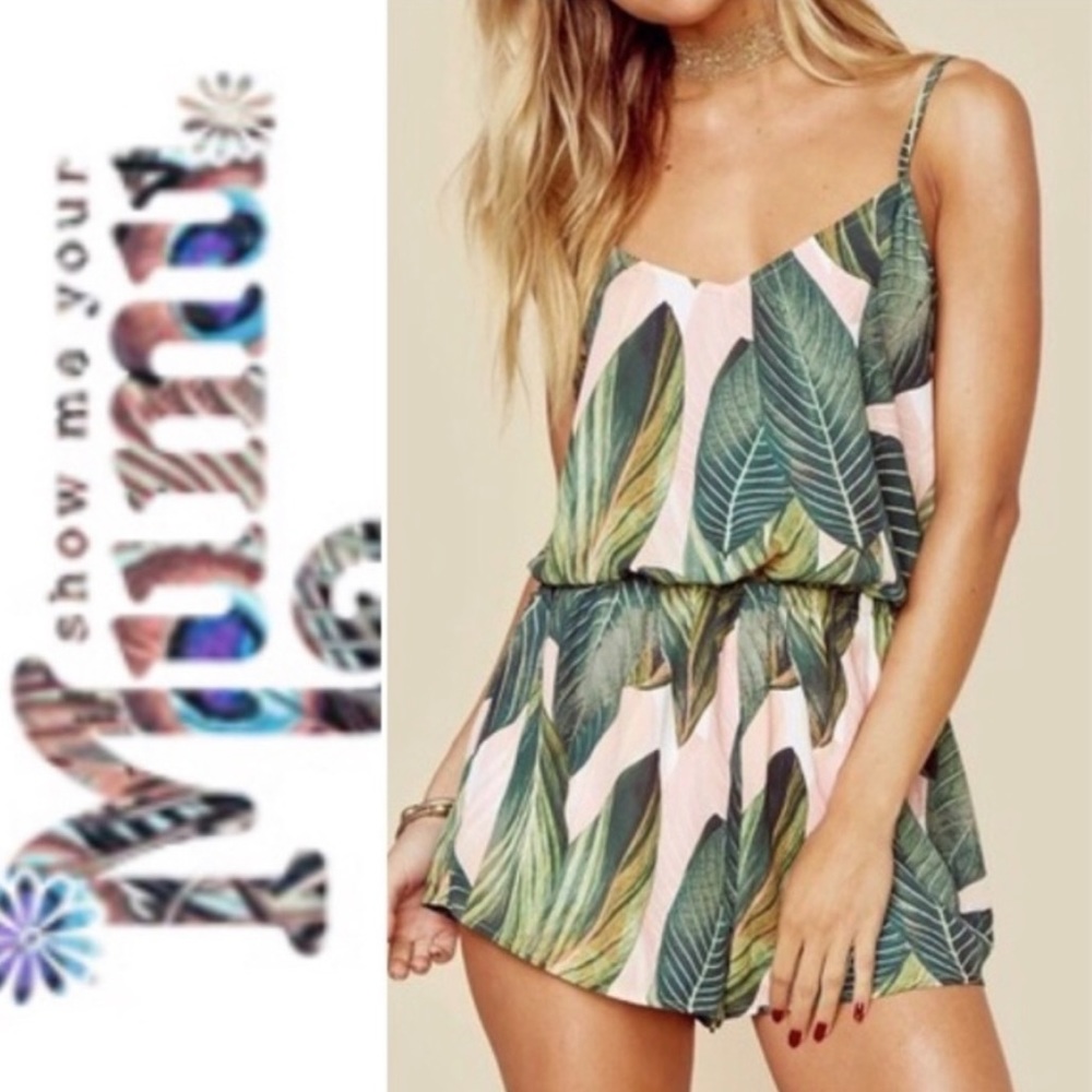 Show Me Your MuMu Leaf Tropocal Rory Print Romper Small S Green and Pink